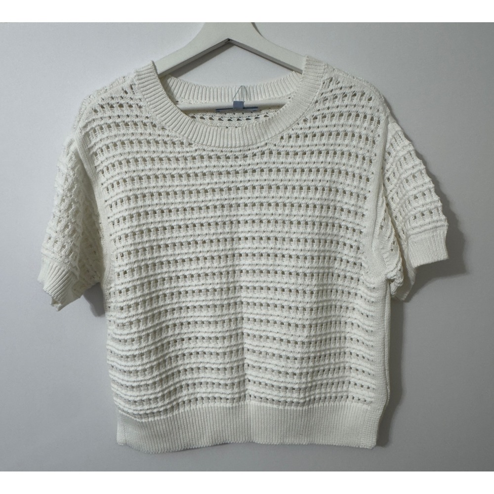 Antonio Melani Open Knit Sweater Womens L Ivory Cotton Short Sleeve Boho Coastal